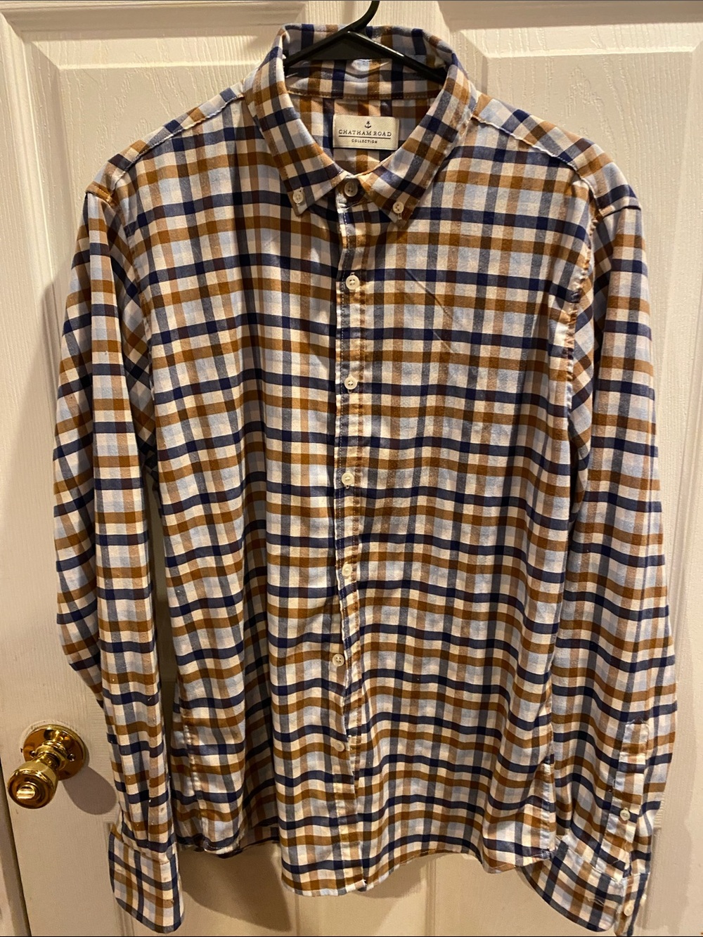 Men's Navy and Brown Plaid Button-Down Shirt